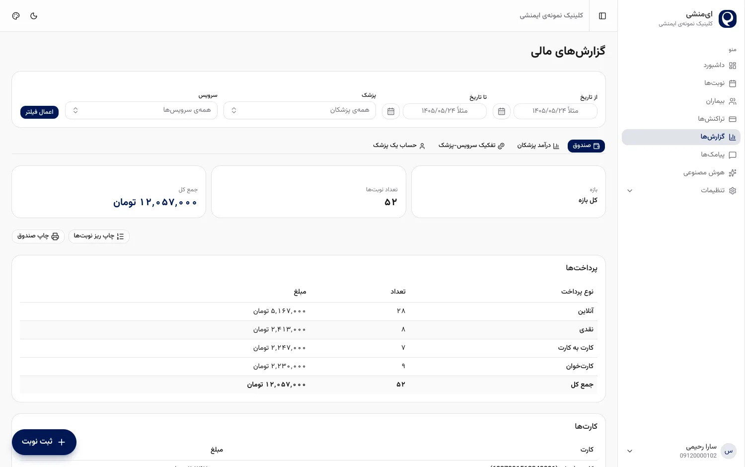 گزارش مالی کلینیک در پنل ایمنشی
