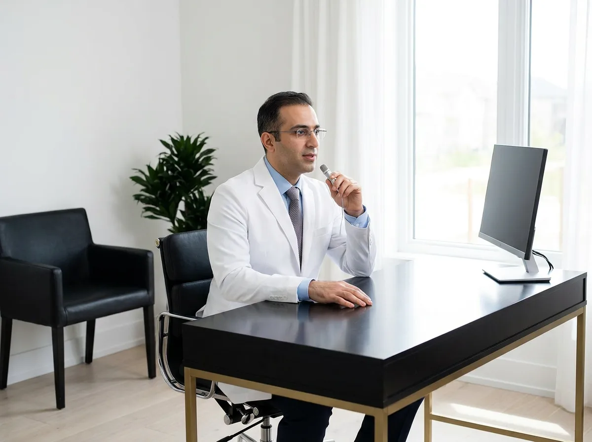 پزشک پشت میز مطب در حال گفتن شرح‌حال بیمار، به‌جای تایپ‌کردن